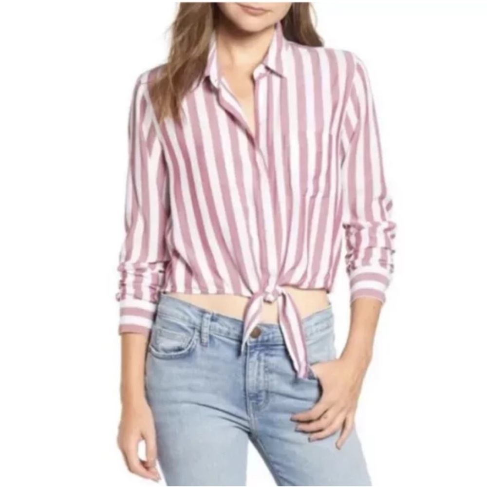 Rails Val Garnet Pink & White Stripe Button Down Shirt Front Tie Size Small